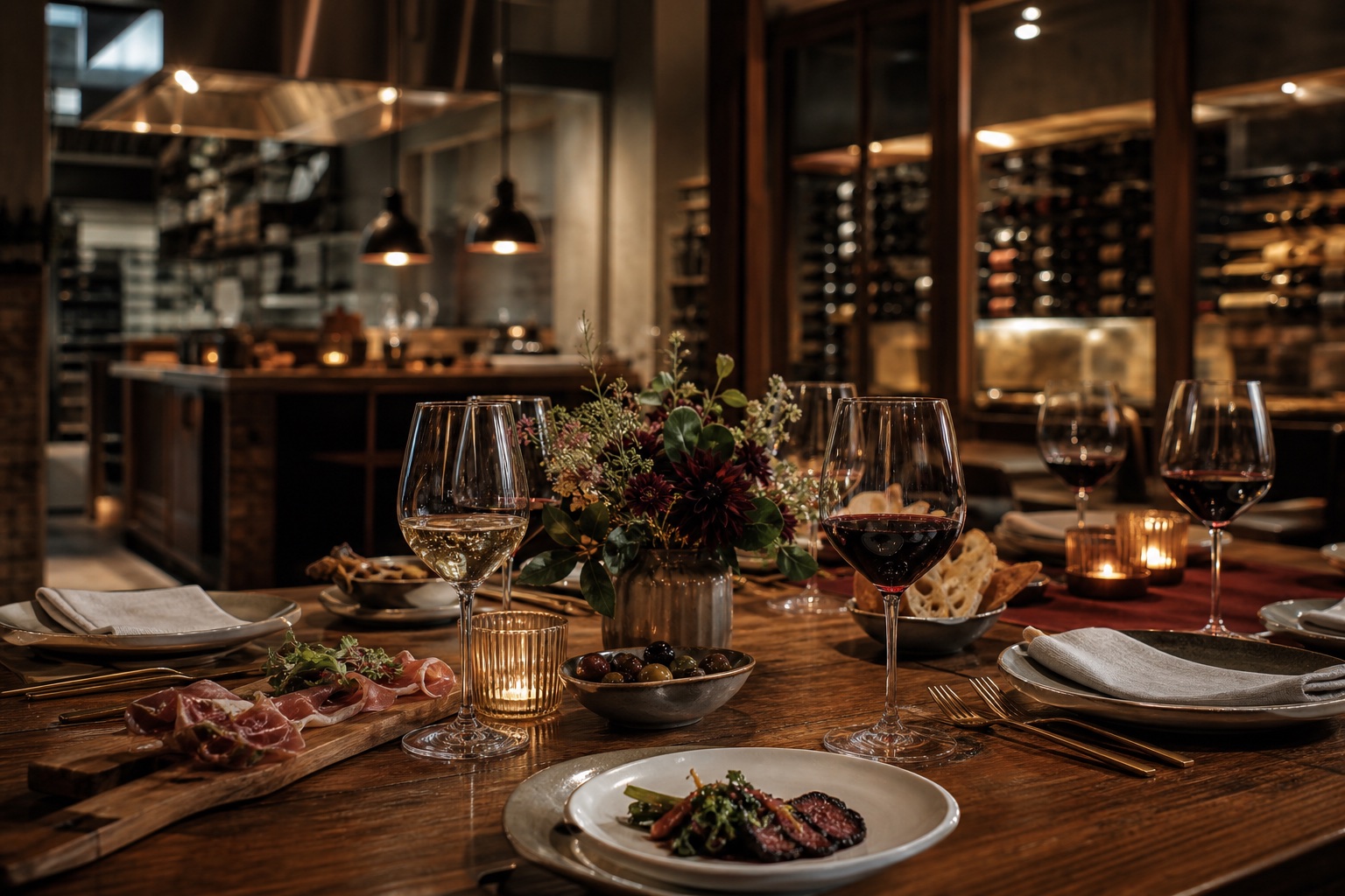 Mesa preparada para uma celebração com vinho e gastronomia