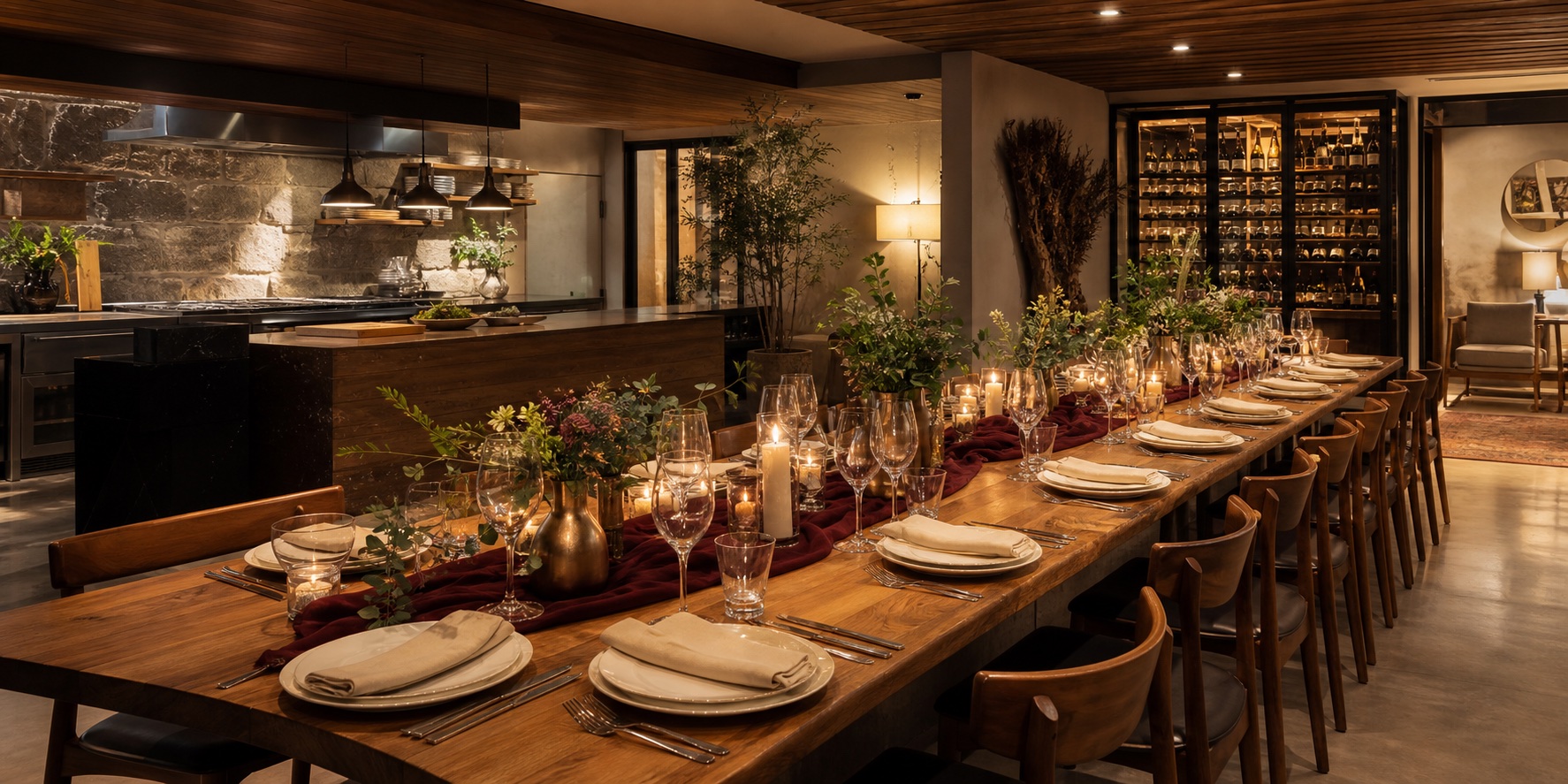 Espaço preparado para um evento privado com mesa posta e adega